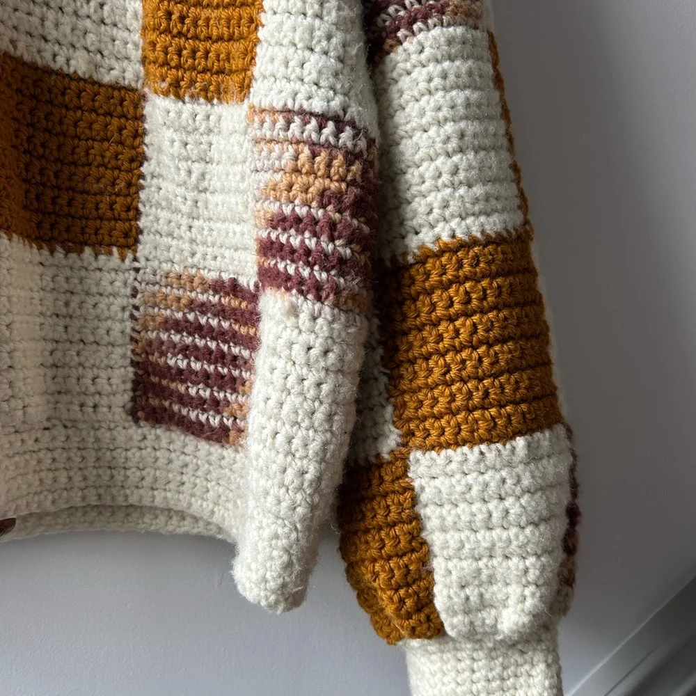 Cozy Patchwork Knit Sweater - Cream and Brown - Picture 3 of 5